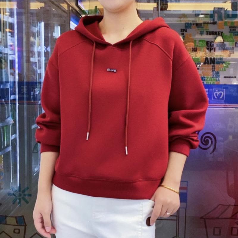秋季加绒休闲卫衣简约纯色减龄连帽宽松春秋打底保暖上衣女图片