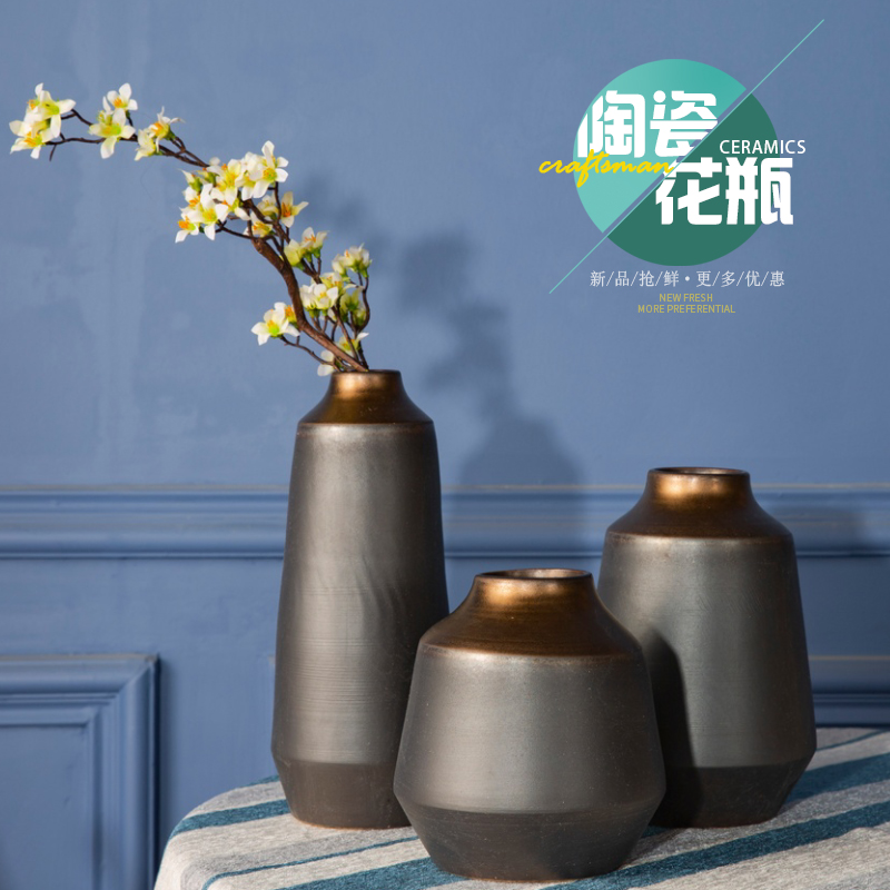 景德镇现代简约陶瓷花瓶客厅家居插花摆件落地陶罐欧式装饰黑金色 三维工匠 高150迎客松往右还是往左方向高清大图