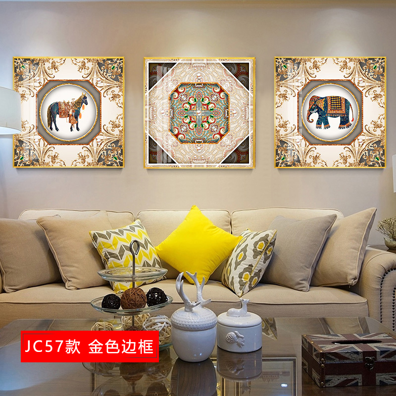 欧式挂画客厅沙发背景墙画简欧壁画简约 jc59(金色边框) 50*70cm三联套装(建议2.5-3米沙发)(真晶瓷画)水高清大图