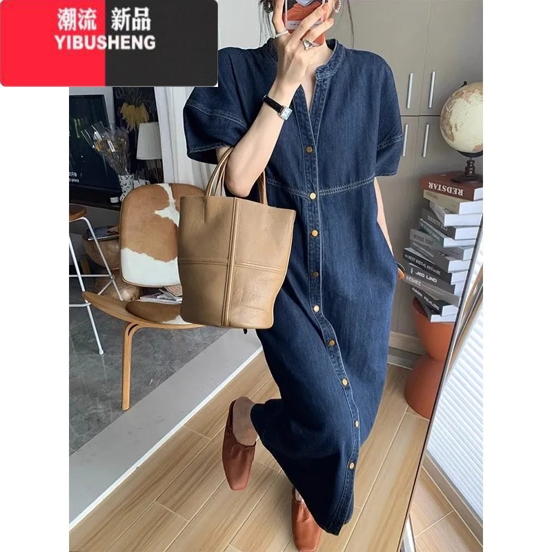 YIBUSHENG法式复古休闲牛仔连衣裙女季薄款宽松遮肚显瘦慵懒风衬衫长裙S M 深蓝色