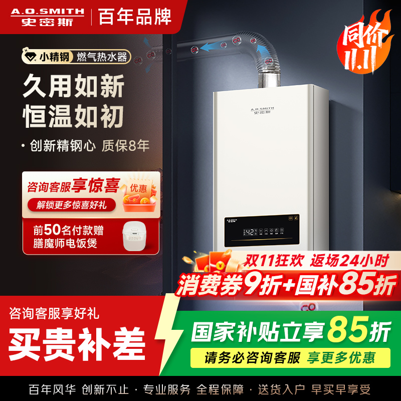 AO史密斯新品小体积16升精钢燃气热水器 JSQ31-EC3 负压燃烧更安全 精控恒温 家用持久恒温大水量
