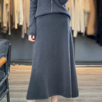 秋冬新款针织羊毛半身裙女赫本风显瘦一步裙中长款高腰a字包臀裙 M 大象灰
