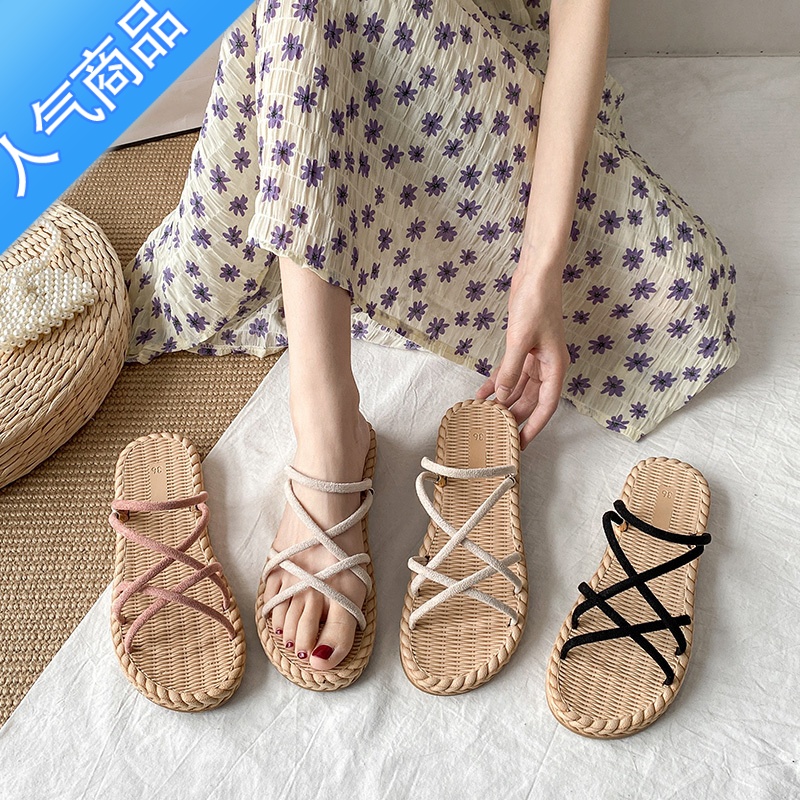 SUNTEK一鞋两穿凉鞋2023年新款女夏平底百搭仙女风ins潮亚麻沙滩罗马鞋高清大图