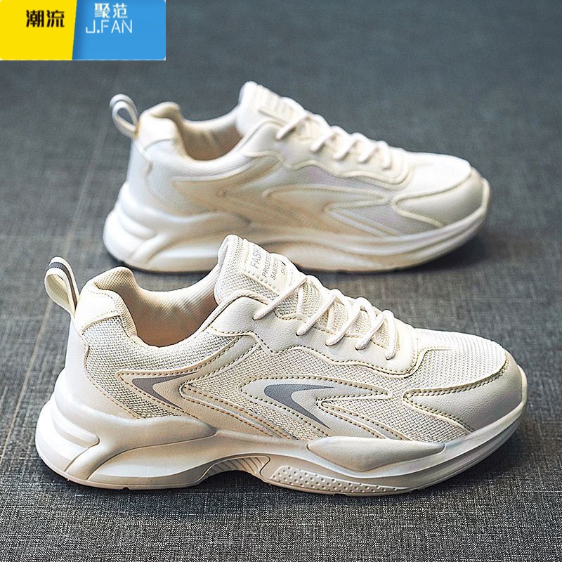 聚范夏季透气男鞋2024新款春季运动白鞋网面休闲小白老爹网鞋厚底潮鞋高清大图