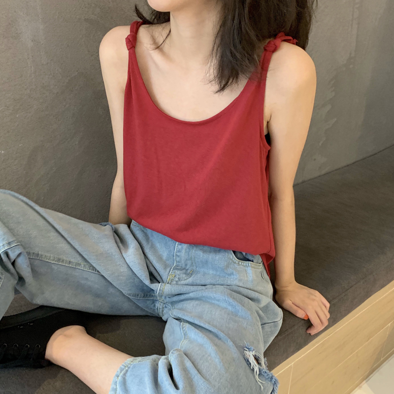 suntek绿色吊带上衣女外穿ins超火韩版宽松百搭无袖u型美背内搭背心