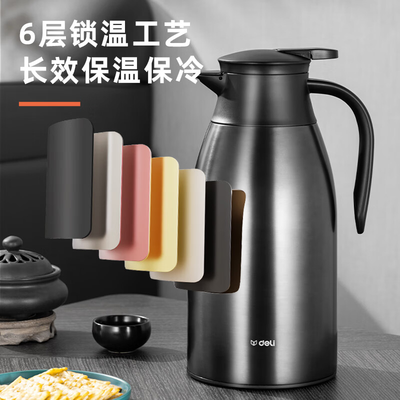 得力LL104-保温壶-玻璃镀铜内胆1.6L(黑) (1个/彩盒)高清大图