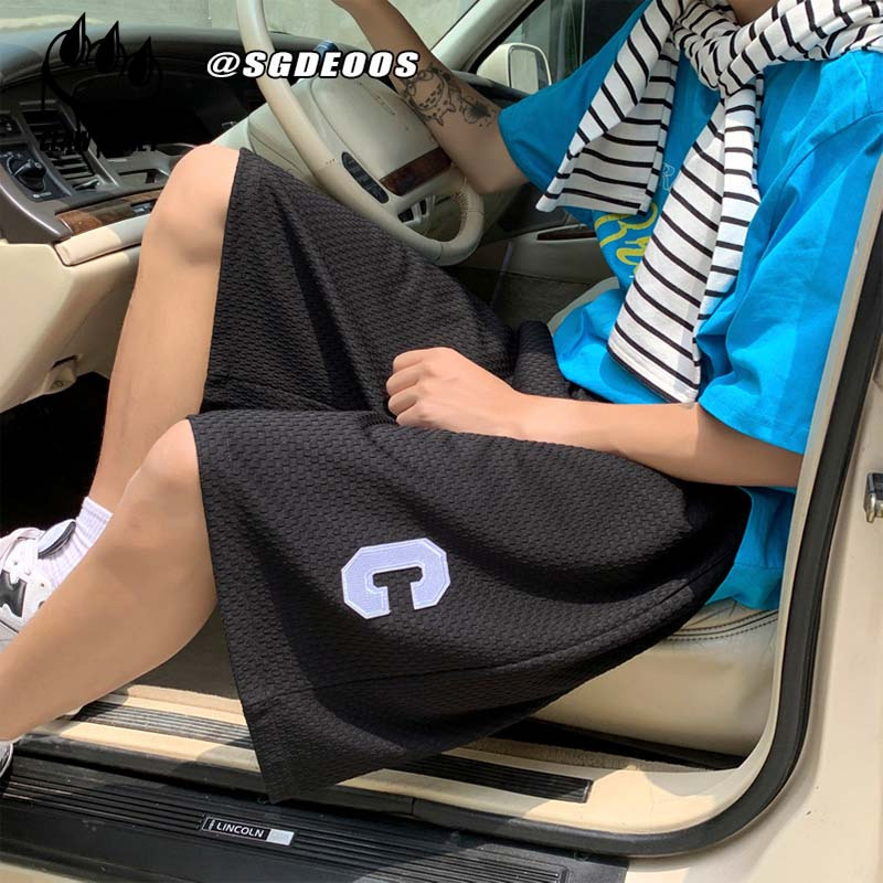 CLAW MONEY华夫格字母刺绣短裤男宽松百搭夏季薄款港风运动五分裤