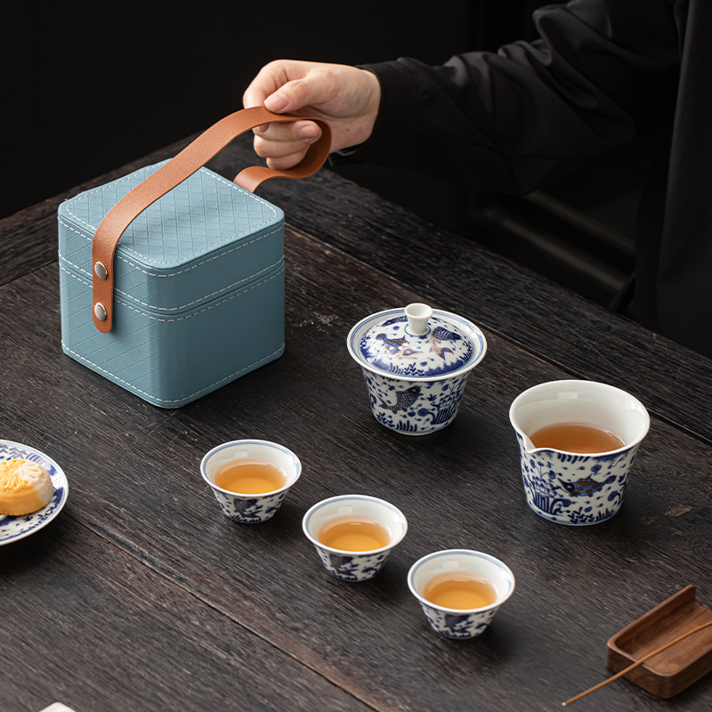 苏氏陶瓷(SUSHI CERAMICS)柴窑青花描金鱼藻纹盖碗旅行便捷茶具非遗大师苏爱珍作品