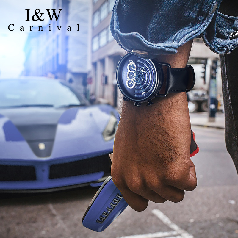瑞士嘉年华Carnival 新款手表石英表 男士皮革带防水运动计时手表休闲时尚多功能个性男表大表盘创意指针腕表8816G高清大图