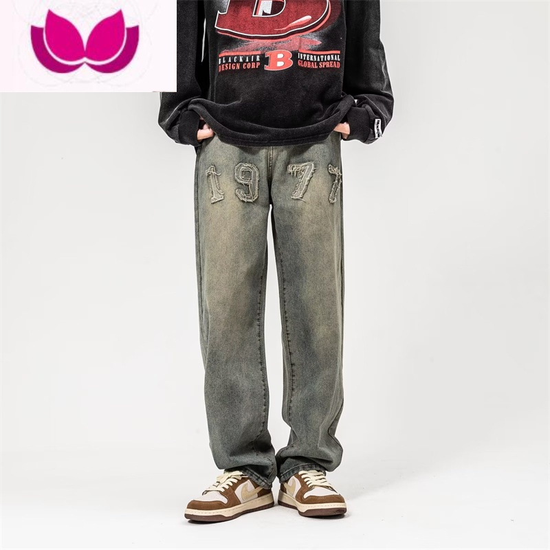 七斓1977牛仔裤男款春季美式高街潮牌复古直筒宽松青少年痞帅男士裤子