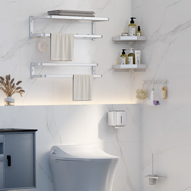 箭牌卫浴(ARROW)毛巾架银色轻奢浴巾架免打孔壁挂式毛巾架浴室置物架卫浴挂衣钩浴室卫生间置物架三角篮高清大图