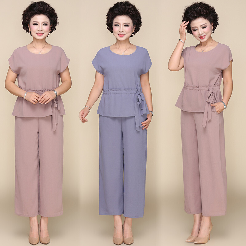 妈妈装夏装气质套装2018新款时尚洋气中老年女装雪纺阔腿裤两件套