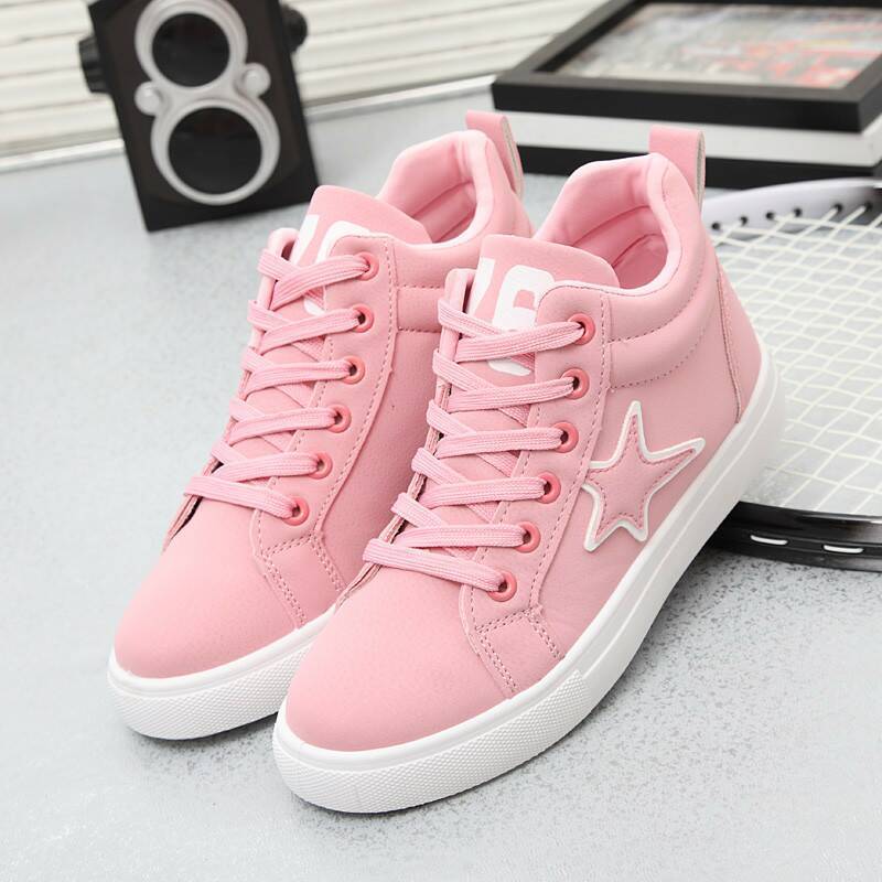 透气卡通帆布鞋高帮男女童布鞋系带款小白球鞋亲子中大童 粉色海星 内