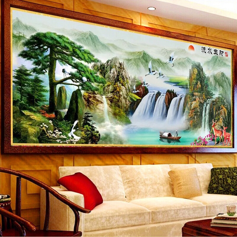 新款印花十字绣客厅风景山水画流水生财福禄寿迎客松十字绣刺绣满绣装束啊中格3股150*63cm棉线