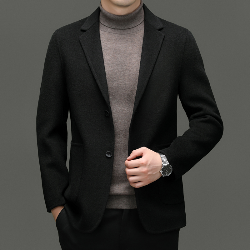 秋冬商务宴会山羊绒西装男毛呢大衣短款外套高端休闲羊毛呢小西服羊绒毛呢双面呢子大衣商务休闲西装外套高清大图