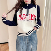 唐狮复古美式拉链半开襟套头毛衣女新款冬季校园风毛线衫qd