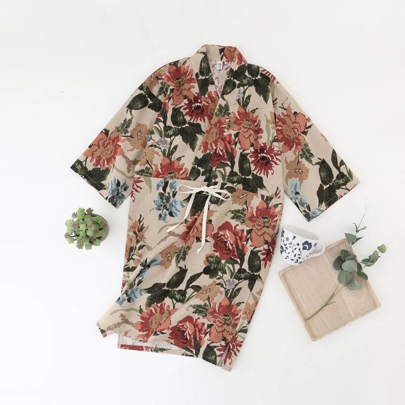 日式睡衣花卉春夏女中袖睡裙和服棉麻家居服和风睡衣睡裙