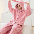 浪莎珊瑚绒睡衣女冬季新款可爱睡袍宽松加厚连帽可外穿家居服套装 XL（适合120-140斤） 粉色棋盘格套装【睡袍+裤子】