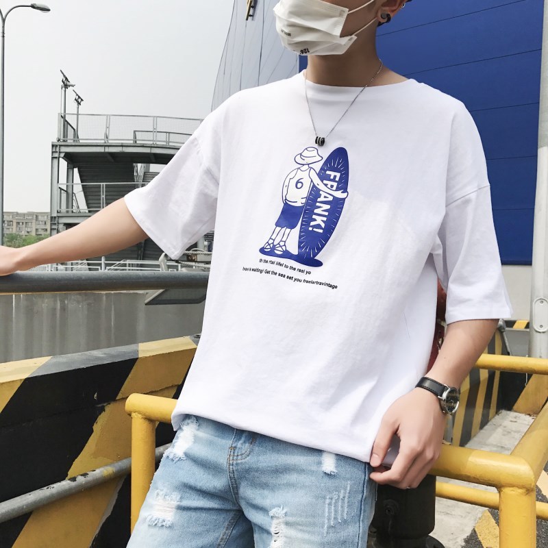 2018夏款日系复古卡通印花短袖T恤男士时尚圆领半袖青少年打底衫
