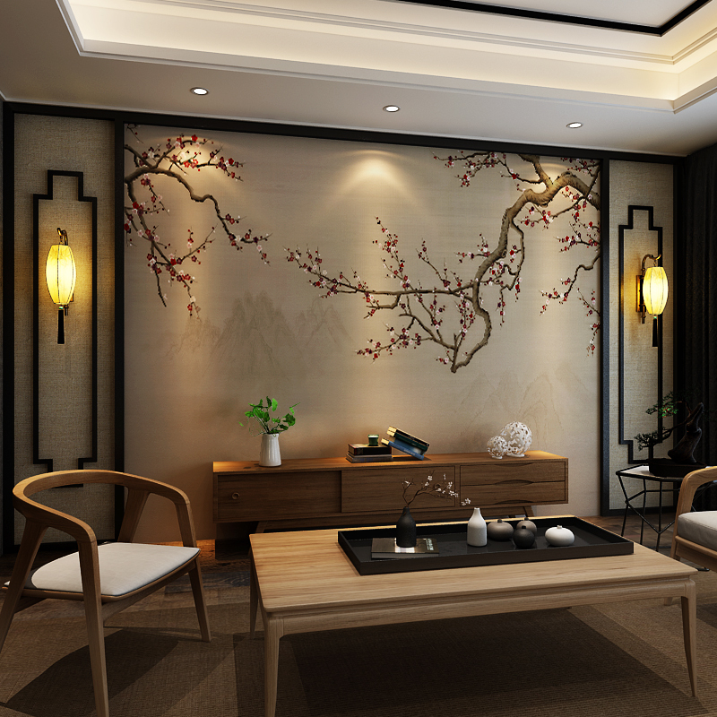 电视机背景墙壁纸中式客厅影视墙古风梅花墙纸定制壁画无缝墙布