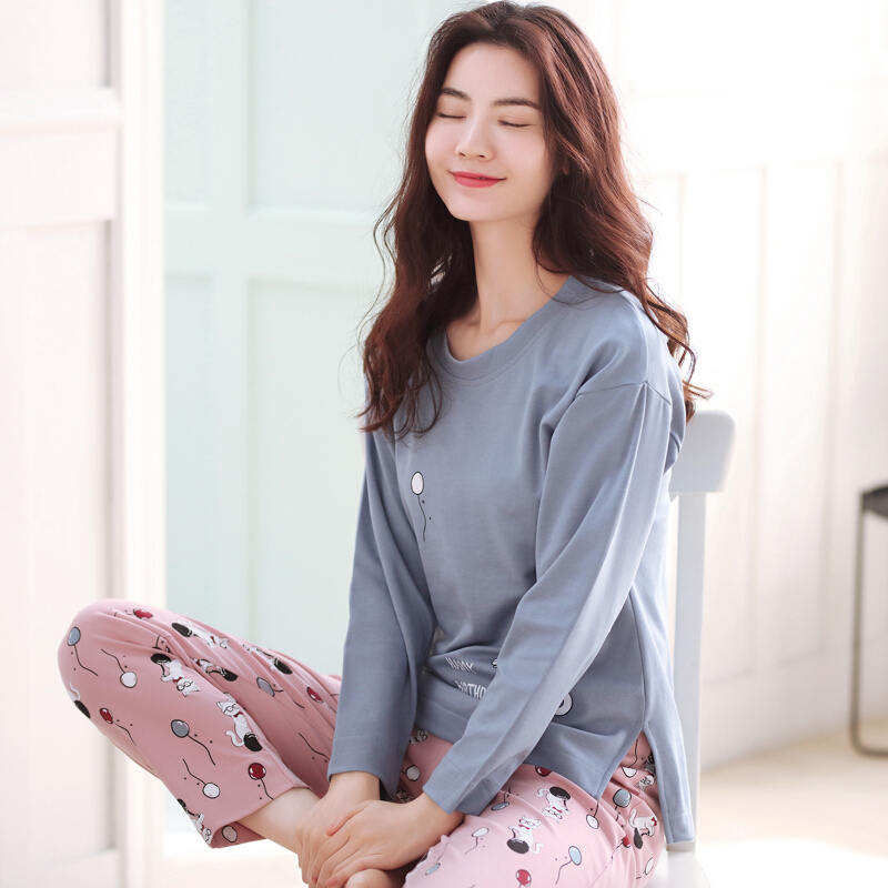 睡衣女春季长袖纯棉韩版休闲可外穿清新居家服甜美简约女士家居服灰