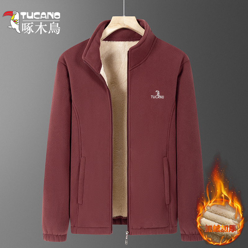 啄木鸟摇粒绒外套男士秋冬季加绒加厚开衫抓绒卫衣立领羊羔绒夹衣高清大图