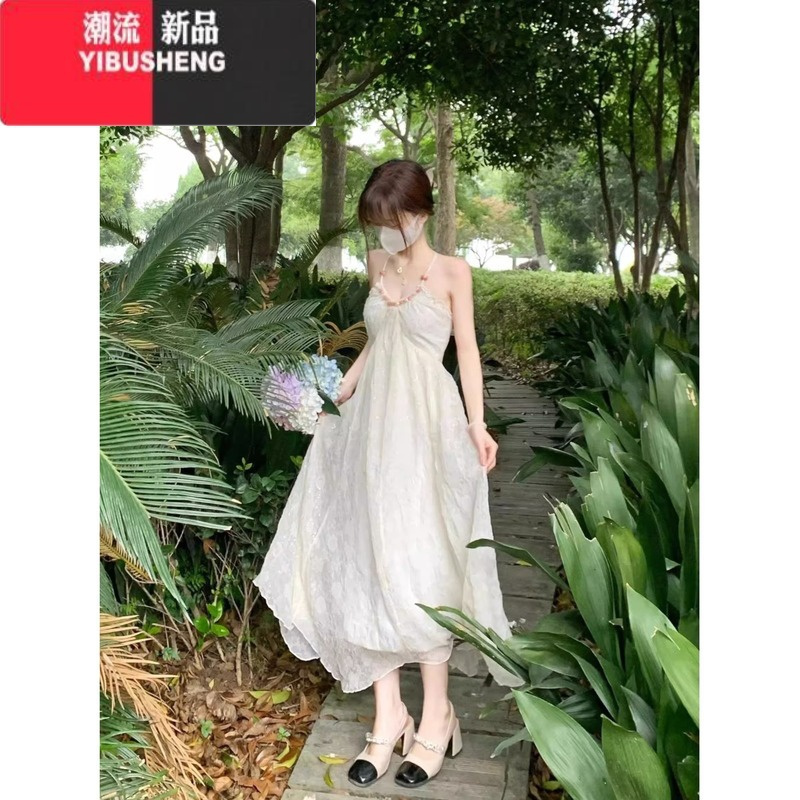 YIBUSHENG法式露背挂脖吊带连衣裙女季2024新款甜美气质海边度假雪纺长裙