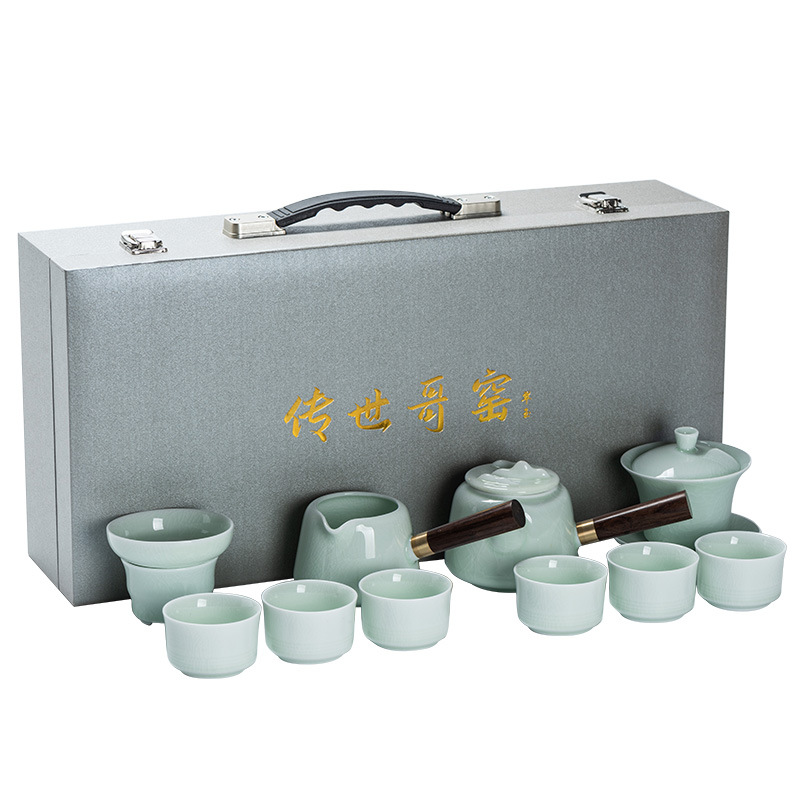 翡翠哥窑功夫茶具高档商务家用送礼盒装公司年会送客户开业伴手礼-翡翠哥窑/双側把礼盒套装高清大图
