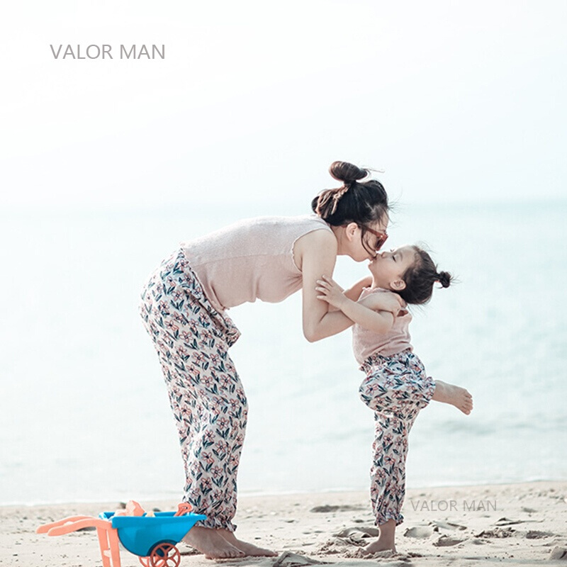 子母女装潮海边度假沙滩夏季大女儿童宝宝薄防蚊灯笼裤子翠绿色160码防蚊裤+背心(备注颜色)