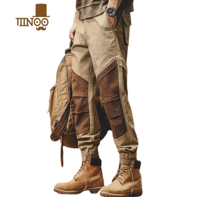 YANXU2023款美式复古工装裤子男秋季新款潮牌机能撞色宽松束脚休闲裤男高清大图