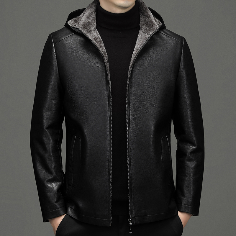 免费试穿海宁皮衣男真皮绵羊皮立领爸爸装皮夹克软皮中年春秋季皮外套薄款2021冬装新款轻奢加绒加厚大码男装 170-M 2267黑色加绒（可拆连帽）
