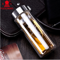 富光双层透明带滤网玻璃杯泡茶杯隔热带盖 水杯子商务杯703-280 图案随机 280ML