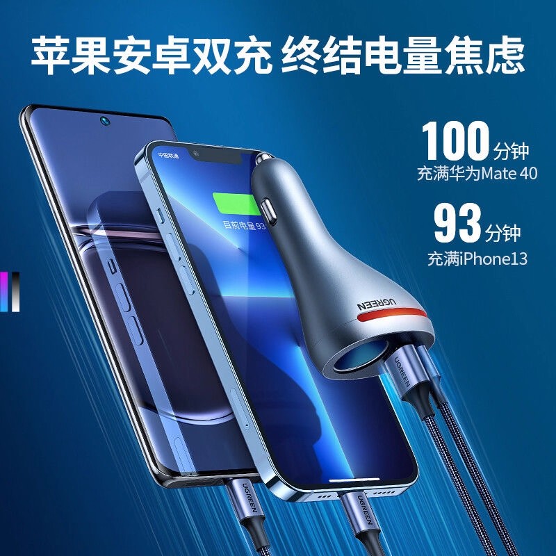 绿联车载充电器快充一拖二三usb扩展口点火点烟器转换插头 银色CD204(60712)高清大图
