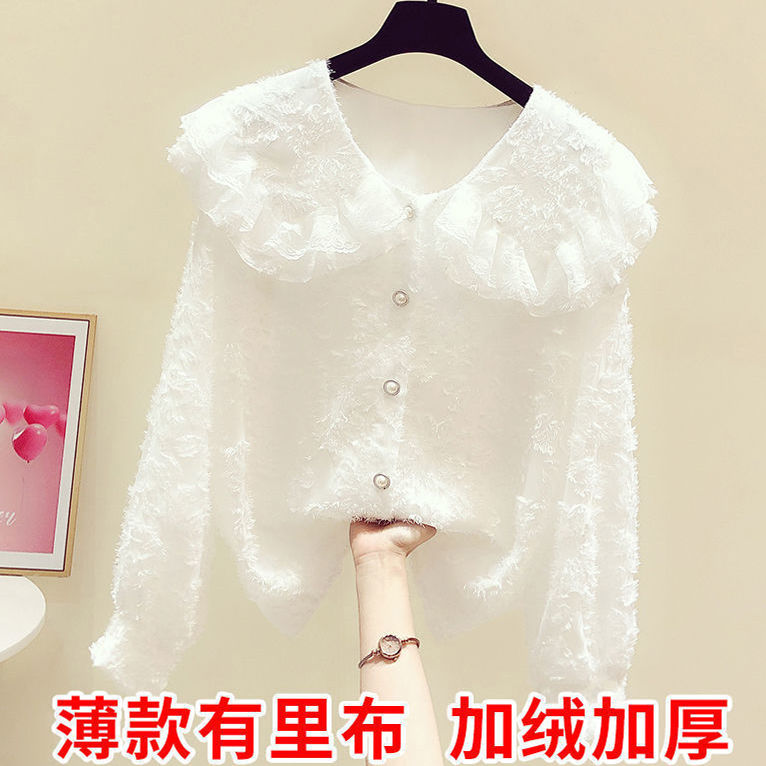 2021秋冬新款韩版网红加绒加厚蕾丝边大翻领衬衫女休闲雪纺衬衣潮