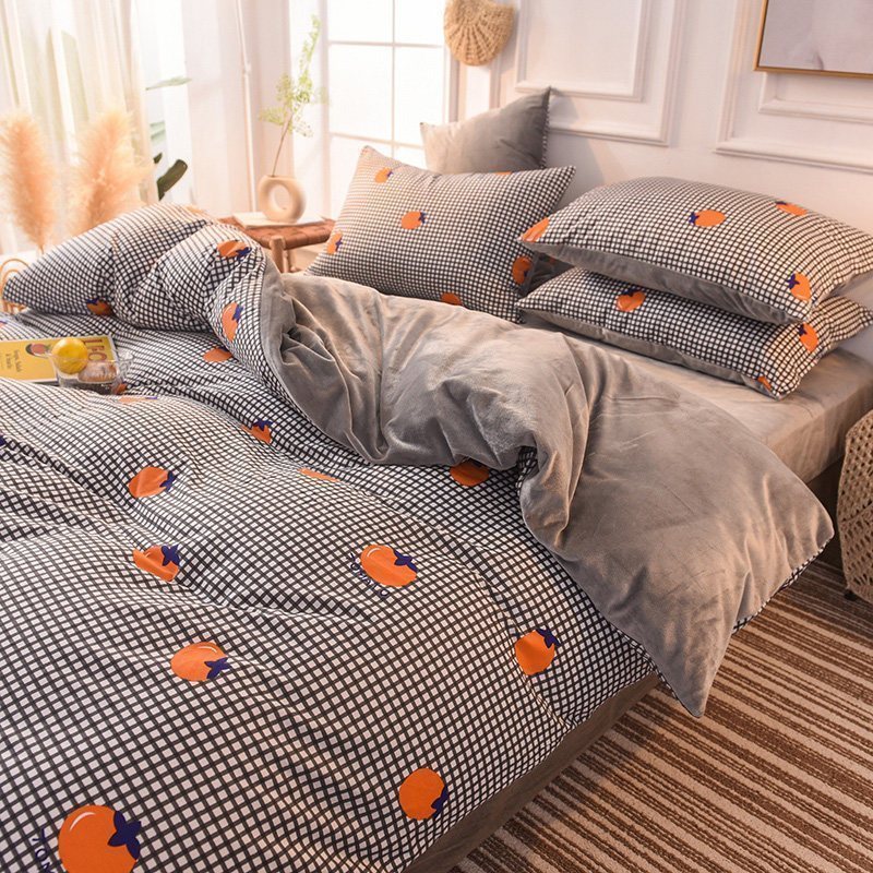 美帮汇床上四件套全棉冬季加绒加厚保暖水晶绒毛绒床单床上用品绒毛毛的 格子橙 1.5米床笠款四件套/1.8*2.2米
