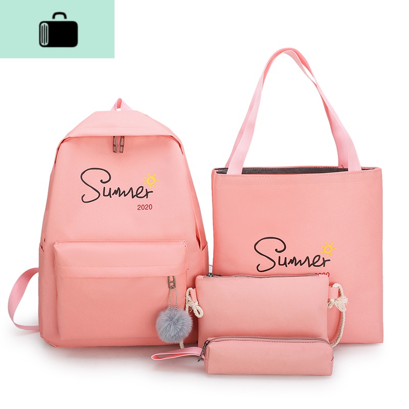 韩版原宿ins风校园初中高中学生书包双肩包女帆布四件套旅行背包NEW LAKE 219粉色