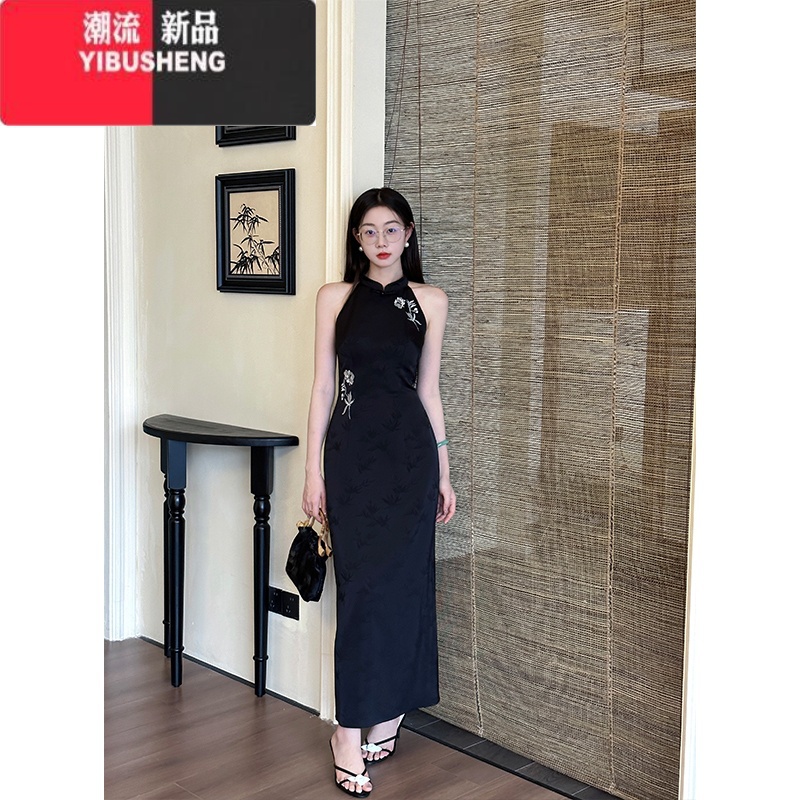 YIBUSHENG一尧[连理枝]新中式提花复古刺绣连衣裙女黑色衬衫情侣款