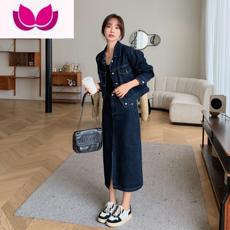 七斓复古设计感牛仔外套女2023新款休闲高级感盐系半身裙套装 S105斤内 牛仔外套+半身裙优质版