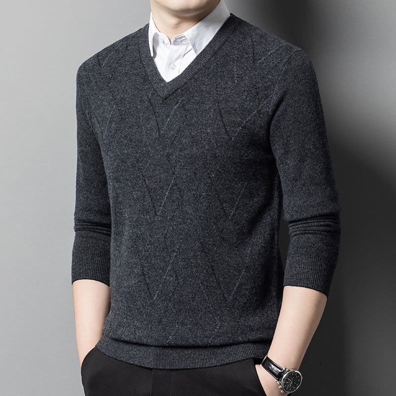 加厚V领羊绒衫男士100纯羊毛绒春秋V领纯色双股加厚款中年鸡心领毛衣V领羊毛衫男2024秋季新款商务纯色高端针织毛衣图片