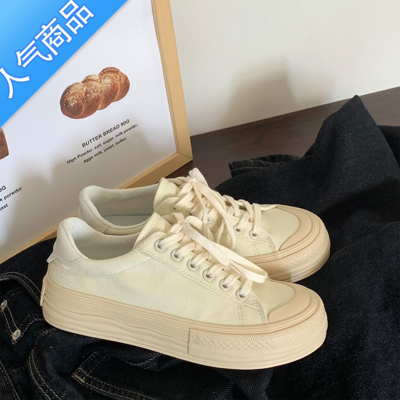 SUNTEK易少年 奶油色厚底帆布鞋女2023春季韩版纯色低帮休闲板鞋高清大图