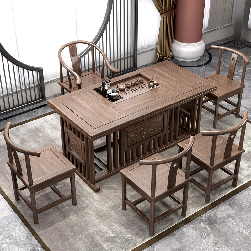 易企采 中式茶桌椅组合实木南榆木功夫茶几茶艺桌小茶台茶道桌子泡喝茶桌茶台胡桃色1.5米茶桌+1圈椅4月牙椅高清大图
