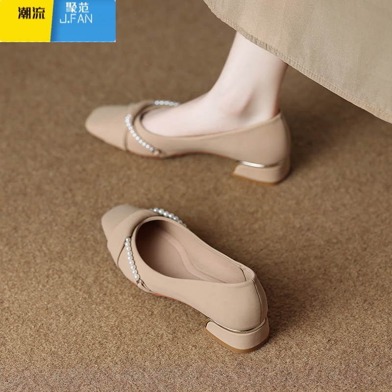 聚范绝美小皮低跟浅口单鞋女2024新款夏季配裙子法式3公分小跟瓢鞋高清大图