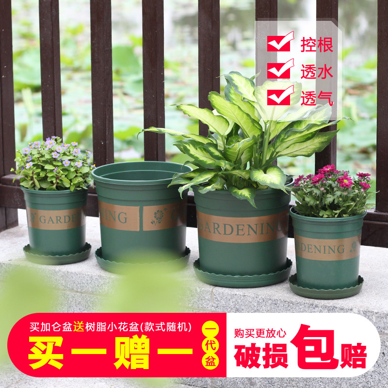 津沽园艺 园艺用品 外贸花盆容器 加仑盆 摔不坏 送配套托盘 绿色简约田园风格塑料花盆容器 大号(22.5)1个