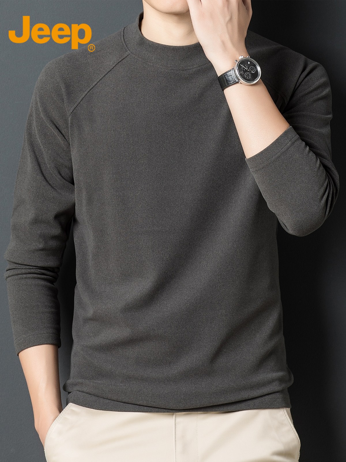 Jeep吉普德绒长袖t恤男士半高领休闲上衣2025年秋季保暖打底衫e高清大图