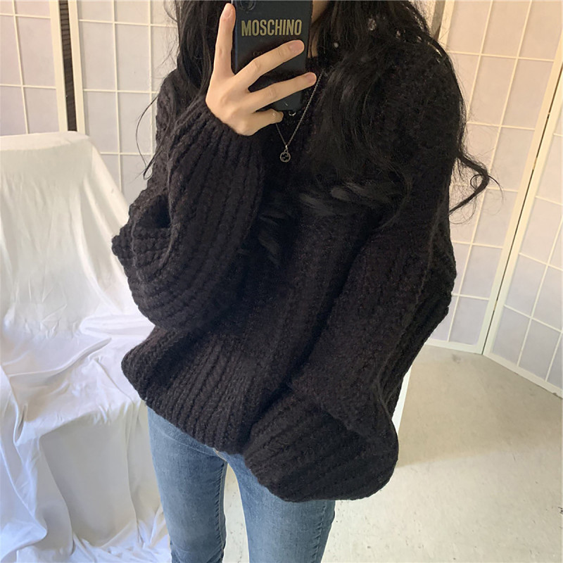 唐狮秋冬女圆领净色宽松套头毛衣简约百搭休闲慵懒风时髦潮流