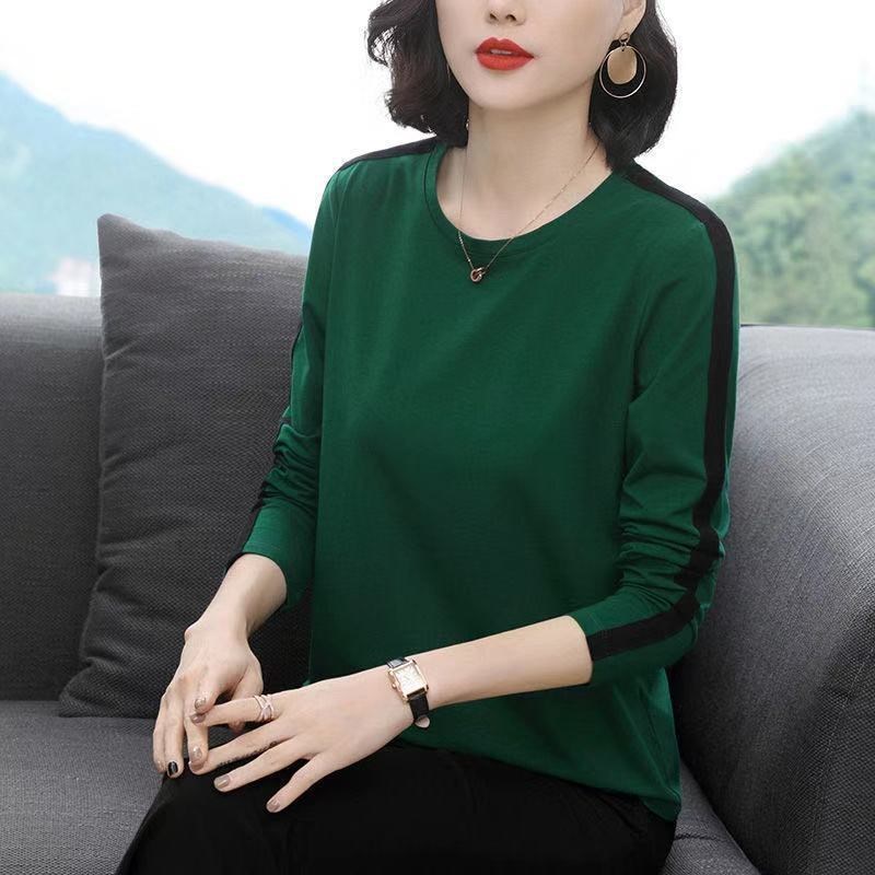 艳如飞中年妈妈装棉长袖t恤女2020秋季新款拼色宽松显瘦色上衣秋衣T恤