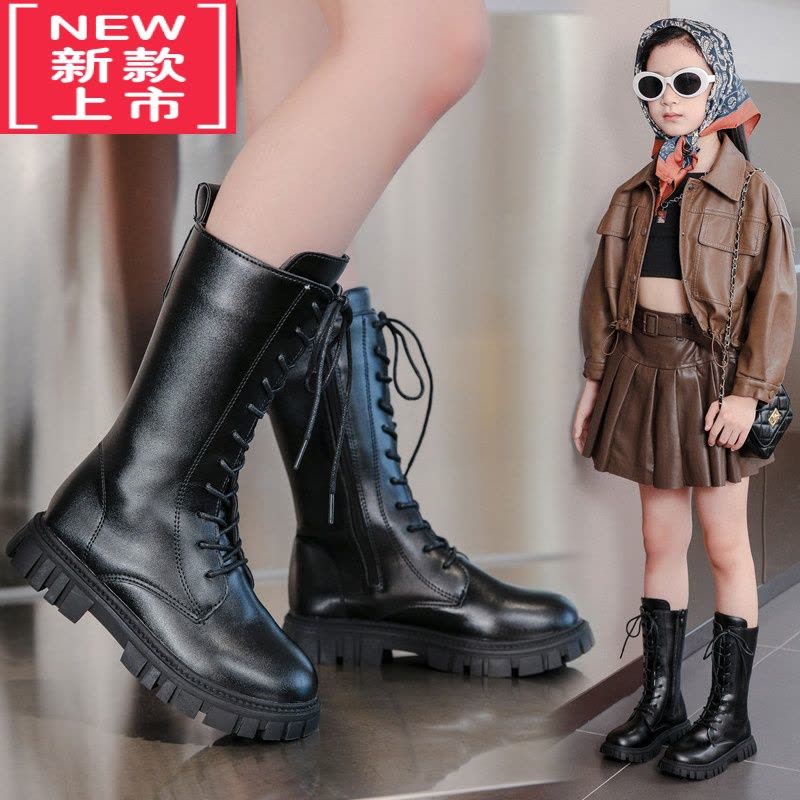 可莉允女童靴子2022新款高筒靴时尚单靴儿童马丁靴英伦黑色皮靴加绒长靴图片