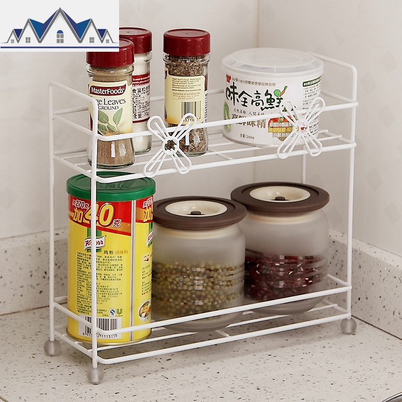 小花双层迷你厨房架宽10CM 桌面调味品收纳架 创意铁艺白色置物架_742高清大图