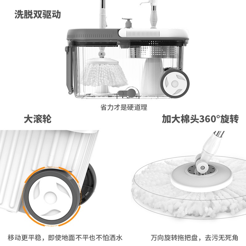 丽佳邦懒人家用加大滚轮双驱动甩干免手洗拖布桶替换头吸水旋转拖把 旋转拖把套装[含2布头]高清大图
