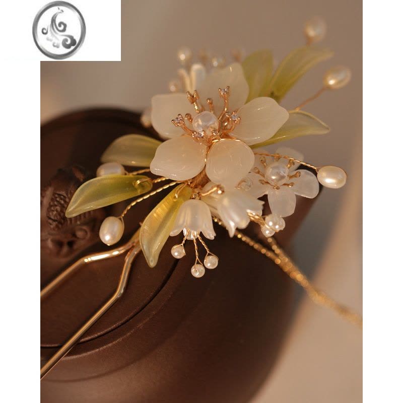 JiMi白绿色铃兰流苏发簪头饰森系 仙美 简约现代发饰汉服配饰古典步摇图片